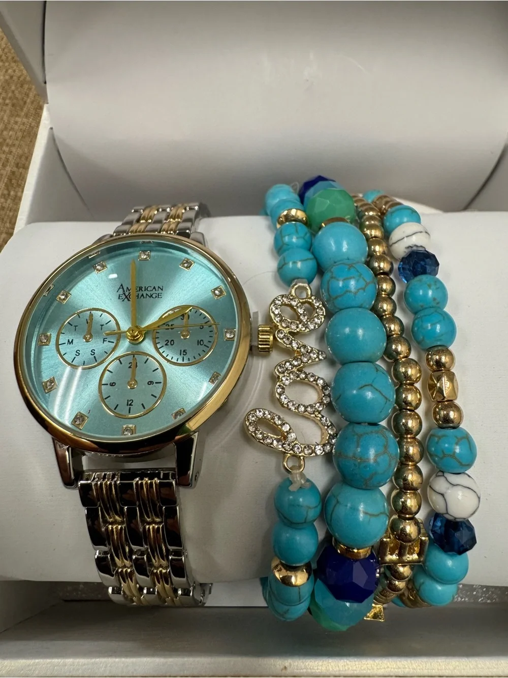 American Exchange Women’s Quartz Analog Two-Tone Blue Dial Bracelet Watch Box
